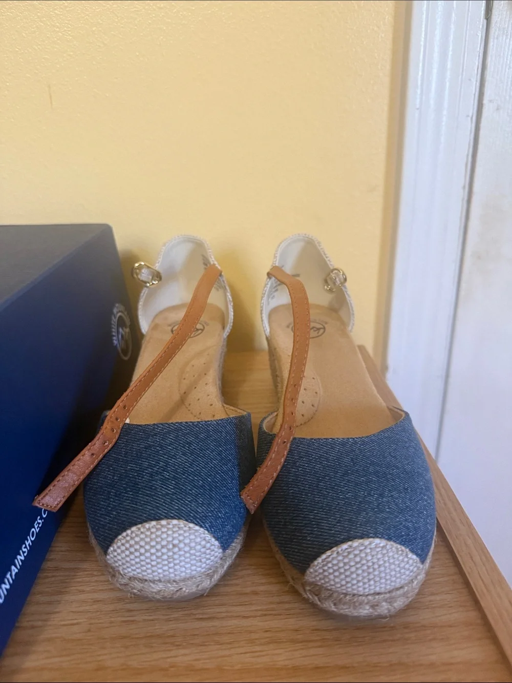 White Mountain Blue Denim Espadrille Wedge with Tan Strap